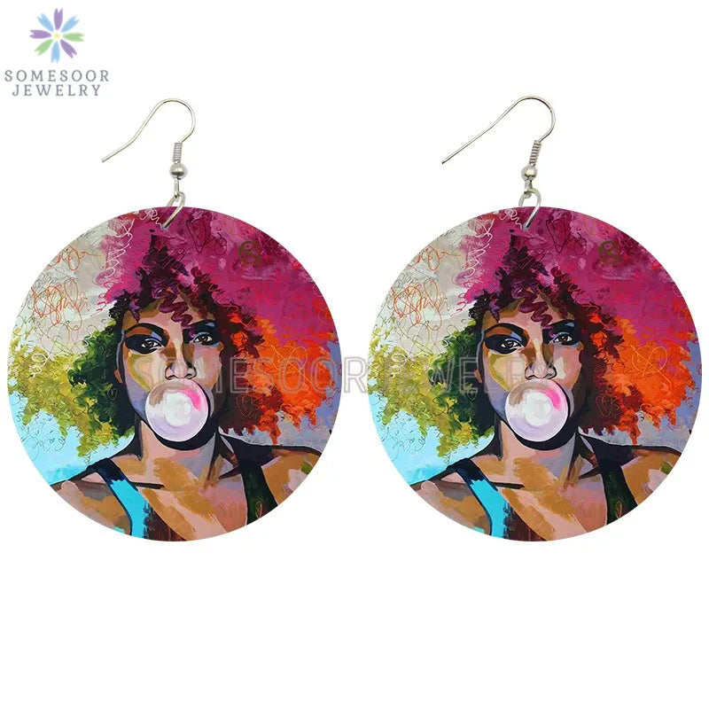 Pink Black Afro Woman Bubble Gum Print Wood Drop Earrings