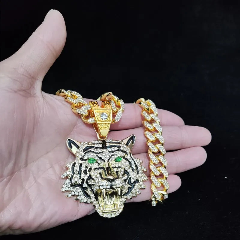 3D Tiger Pendant Crystal Cuban Chain Hip-Hop Iced Out Bling Chain Necklace