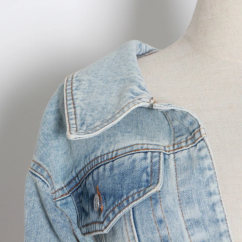 Denim Asymmetrical Hollow-Out Patchwork Women's V-Neck Long Sleeve One Off Shouder Jean Jacket