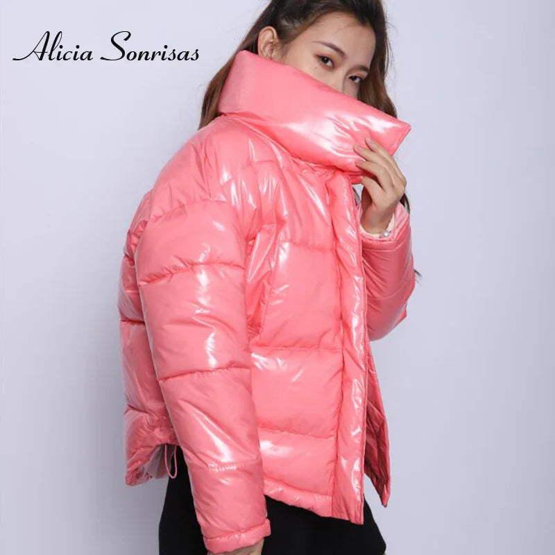 Women's Waterproof Glossy Puffer Down Cotton Bomber Jacket