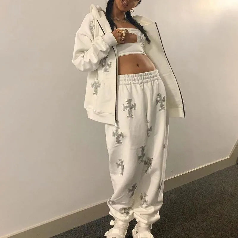 Crystal Rhinestone Cross Embroidered Print Women’s Hoodie Sweatshirt Zipper Jacket + Sweatpants Tracksuit