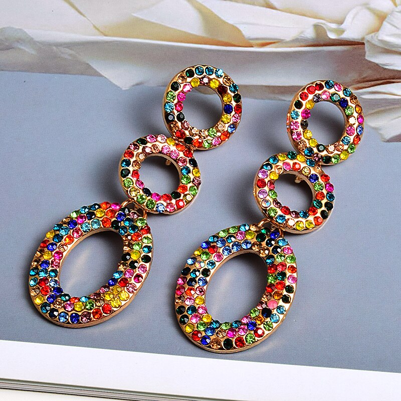 Round Metal Colorful Crystal Long Dangle Drop Earrings