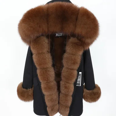 Colorblock Real Fur Oversized Collar Hip-Hop Design Women's Hooded Full Pelt Trenchcoat