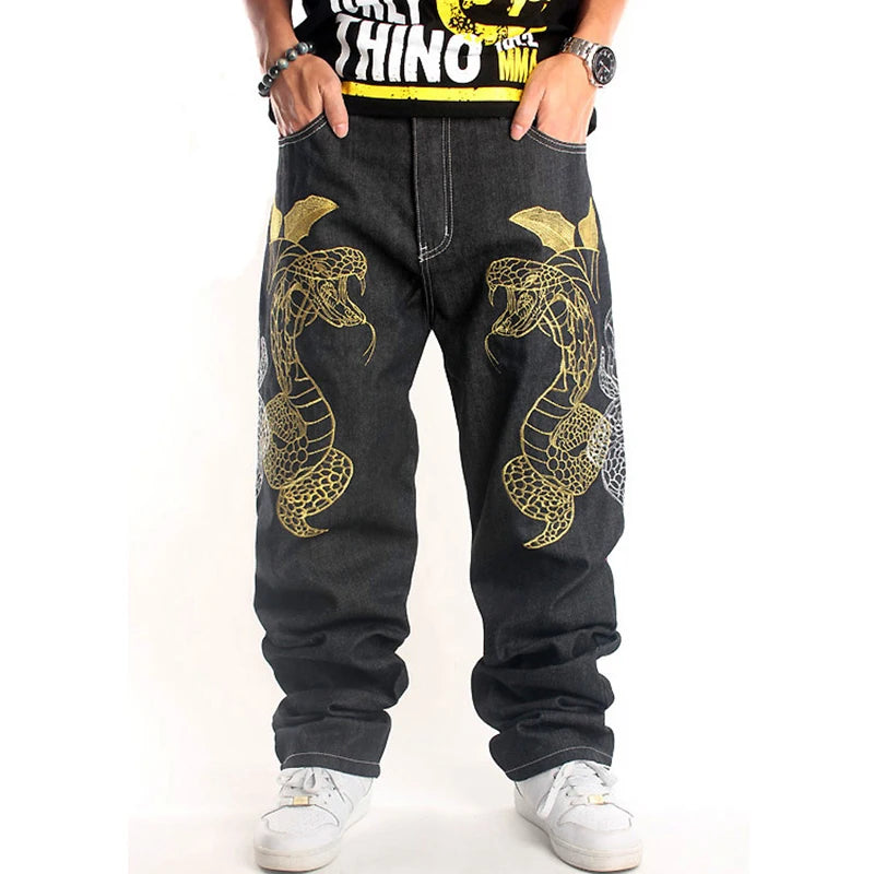 Men's Denim Embroidered Snake Print Baggy Hip-Hop Streetwear Jeans