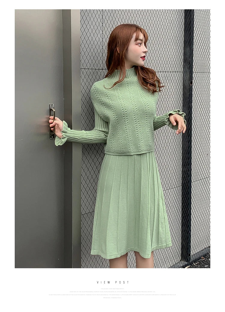 Solid Long Sleeve Pullover Sweater + Knitted Pleated Midi Skirt 2-Piece Set