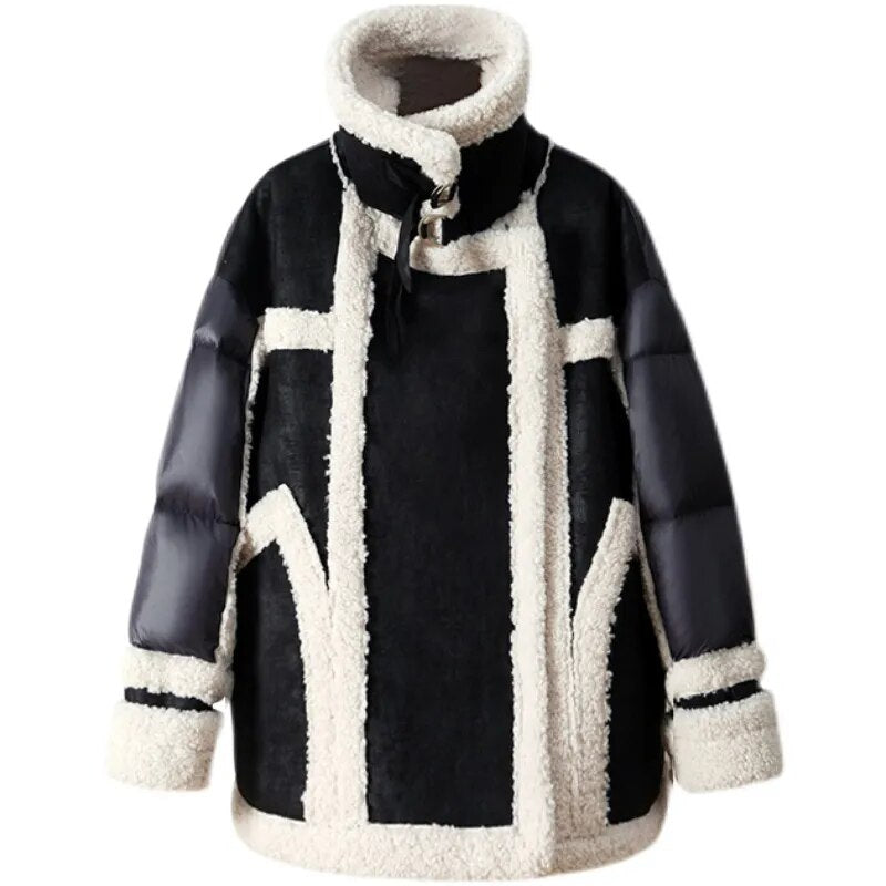 Lamb Wool Splice Down Jacket Women's Duck Down Coat Parkas