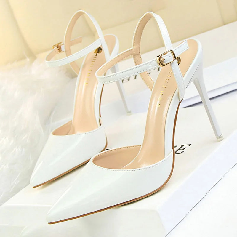 Patent Leather Stiletto Heel Buckle Strap Solid Color Sandal Pumps