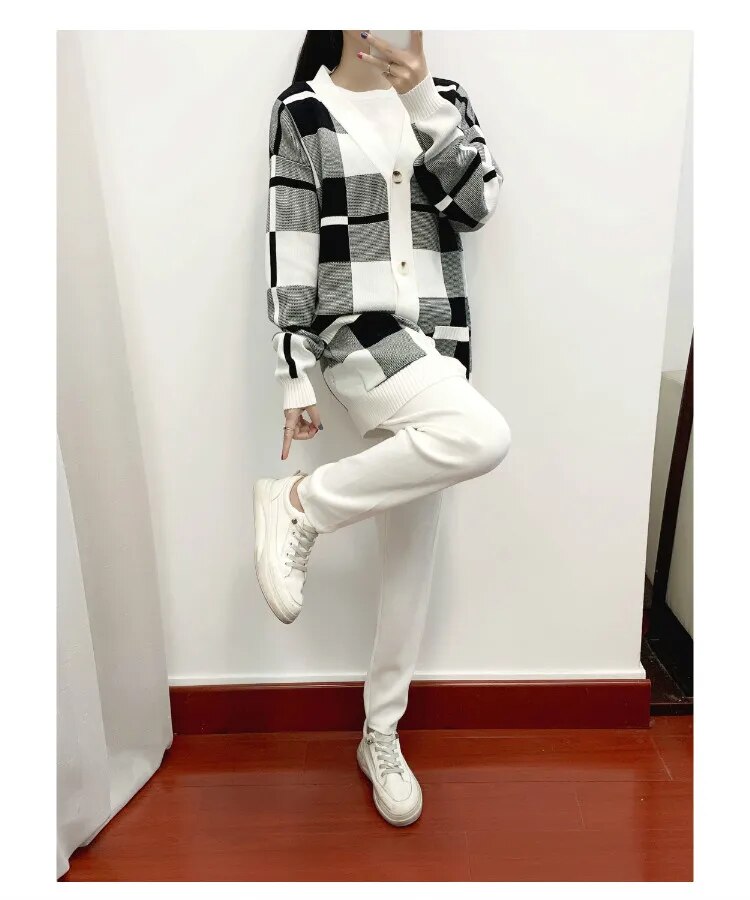 Colorblock Plaid Knitted Long Sleeve Cardigan Sweater + Matching Shirt & Leggings 3-Piece Sweater Set