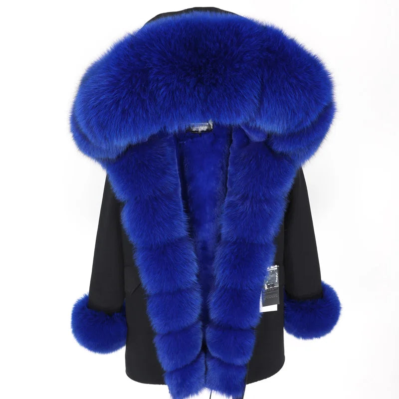 Colorblock Real Fur Oversized Collar Hip-Hop Design Women's Hooded Full Pelt Trenchcoat