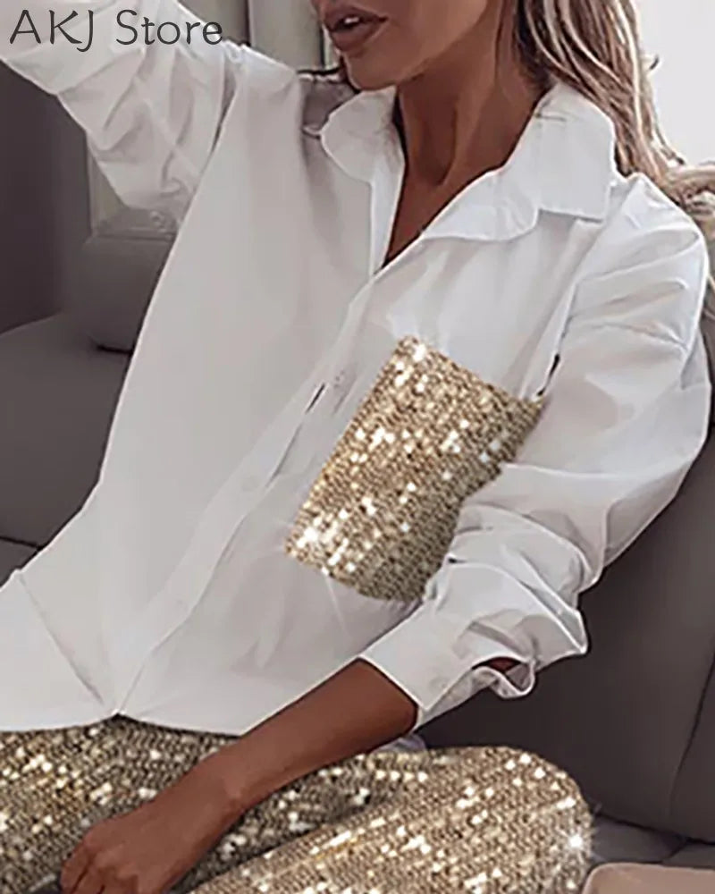 Sequin Long Sleeve Blouse & Glitter Shiny Pant 2-Piece Set