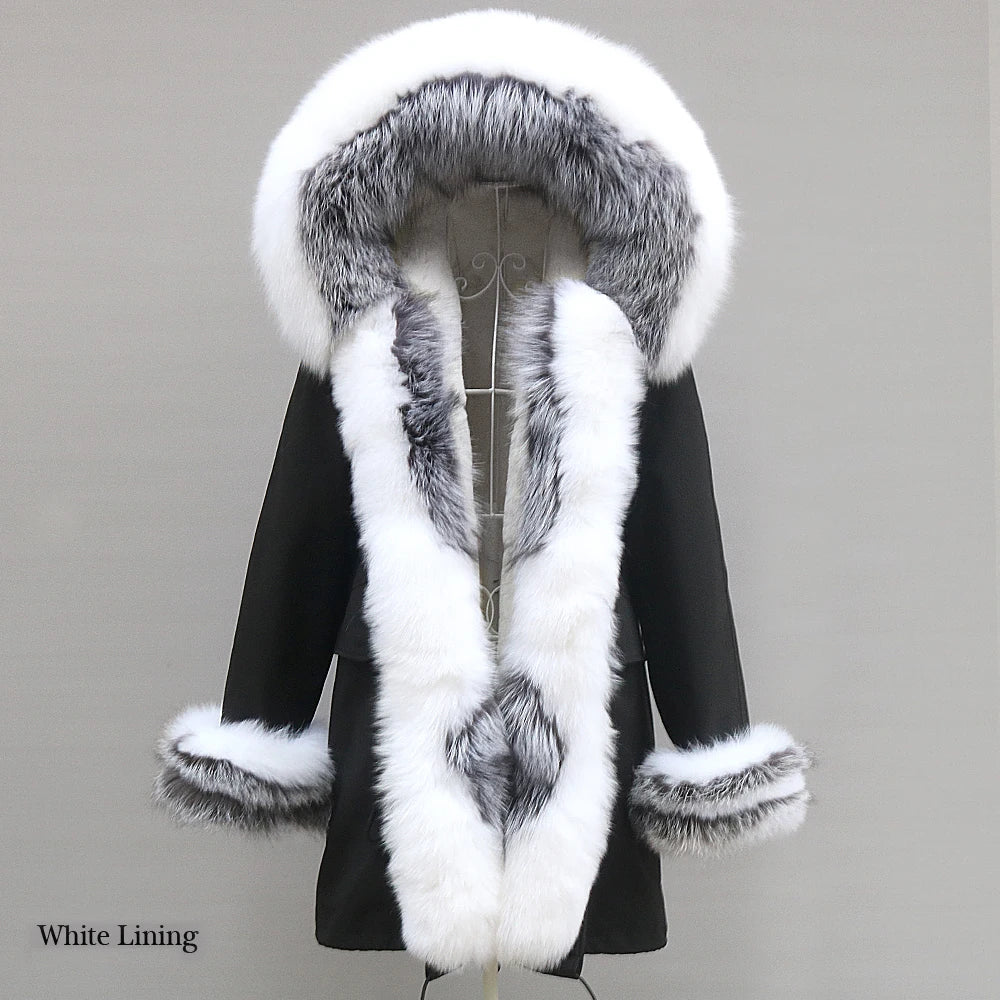 Colorblock Real Fur Oversized Collar Hip-Hop Design Women's Hooded Full Pelt Trenchcoat