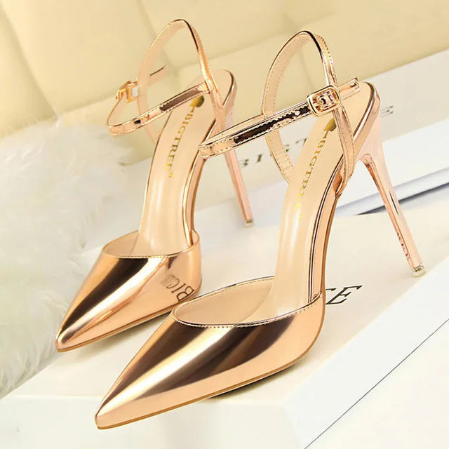 Patent Leather Stiletto Heel Buckle Strap Solid Color Sandal Pumps