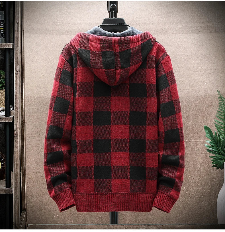 Men's Plaid Wool Zipper Cardigan Hoodie Sweater Jacket