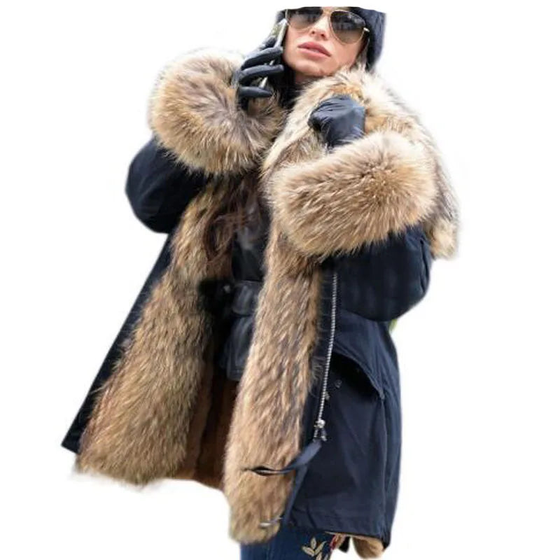 Colorblock Real Fur Oversized Collar Hip-Hop Design Women's Hooded Full Pelt Trenchcoat