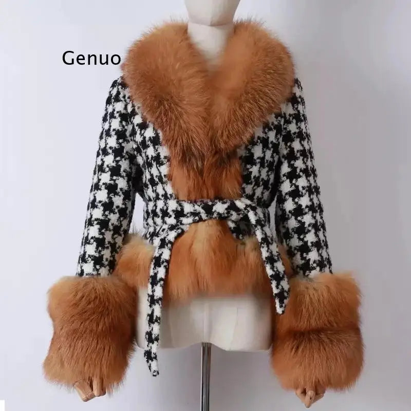 Faux Fur Collar Ladies Tie Sash Belt Houndstooth Jacket