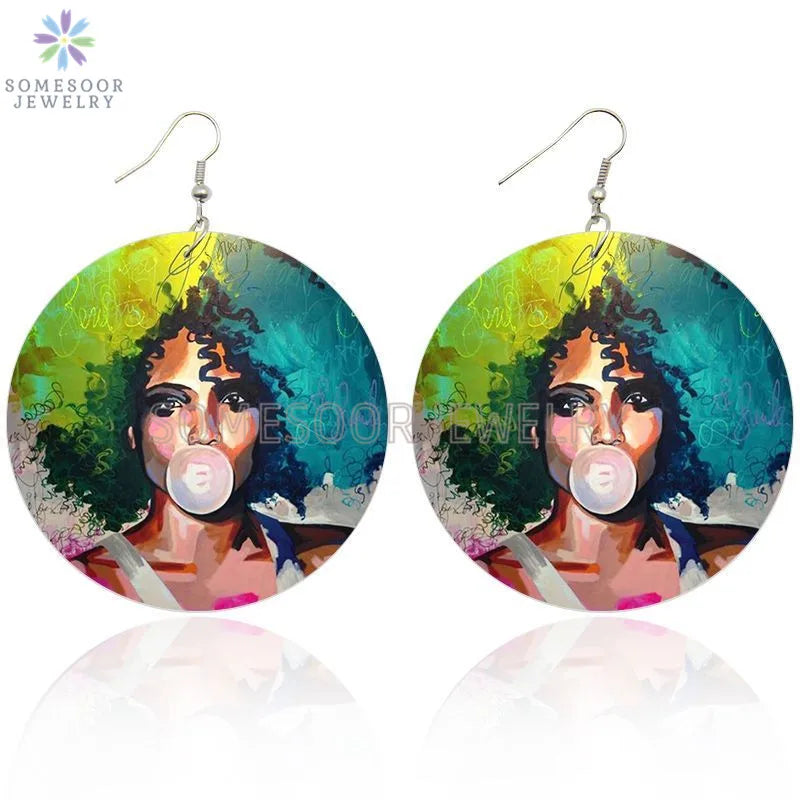 Pink Black Afro Woman Bubble Gum Print Wood Drop Earrings