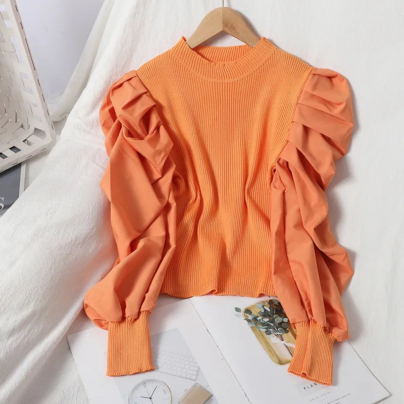 Chiffon Cropped Patchwork Balloon Sleeve Sweater