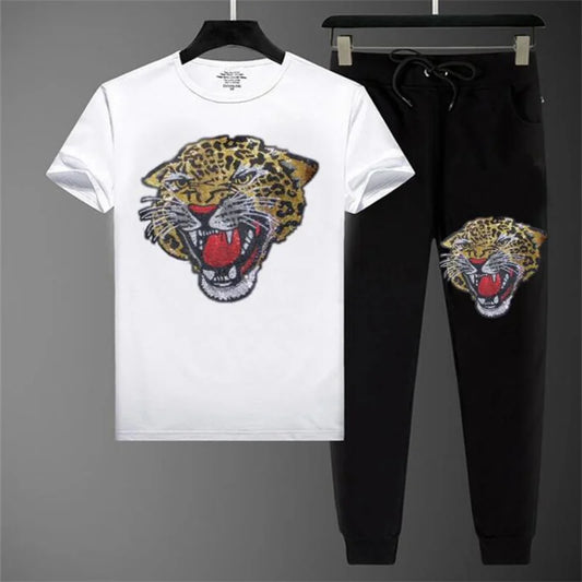 Crystal Leopard Men's Designer Hot Drill Rhinestone Short Sleeve O-Neck T-Shirt + Drawstring Sweatpants 2-Piece Set