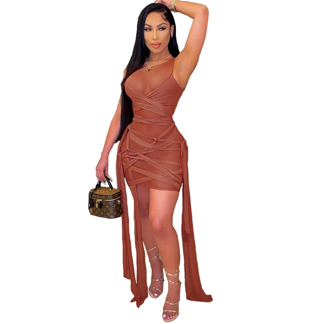 Sleeveless Bandage Criss-Cross Hollow-Out Design Transparent Mesh Mini Club Party/Prom Dress