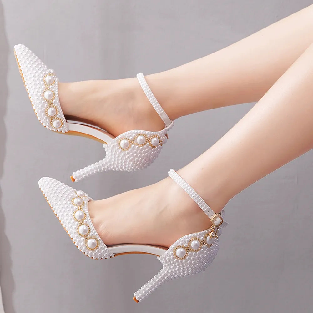 Crystal White Pearl Diamond Wedding Stiletto Heel Ankle Buckle Strap Sandal Pumps