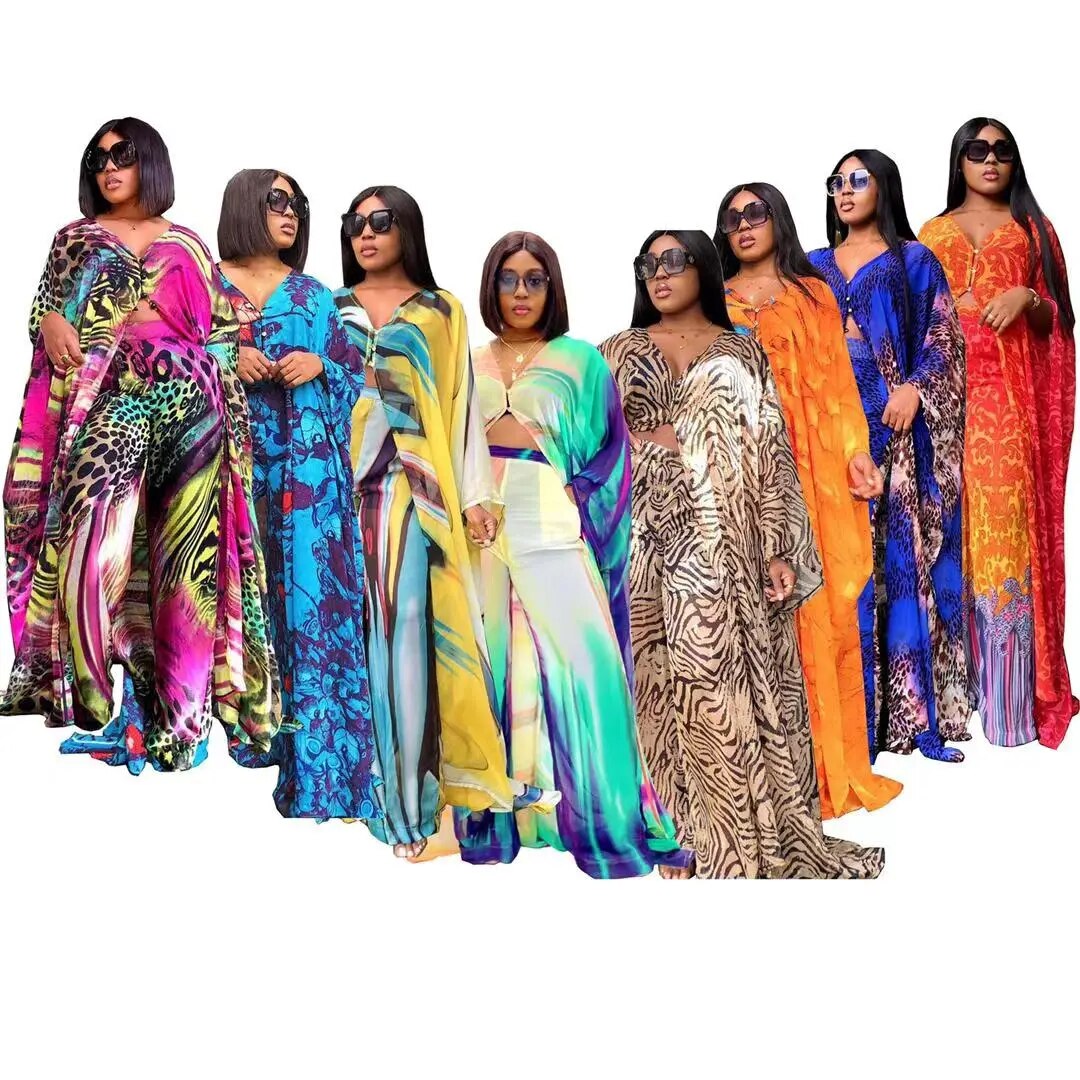 Chiffon African Print Oversized Ladies Maxi Tops + Matching Loose Wide Leg Pants 2-Piece Set