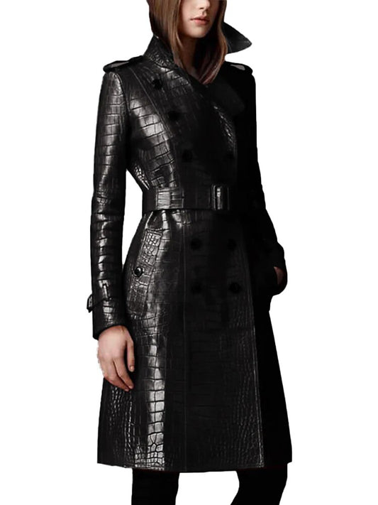 Black Crocodile Pattern PU Leather Women's Double Breasted Trenchcoat to 7X