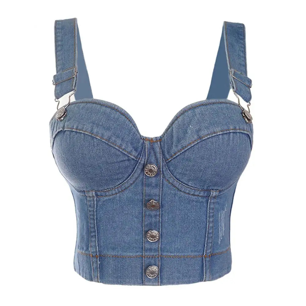 Denim Jean/Rhinestone/Tassel/Gem Embellished Button-Up Cropped Bustier Corset Crop Tank Top