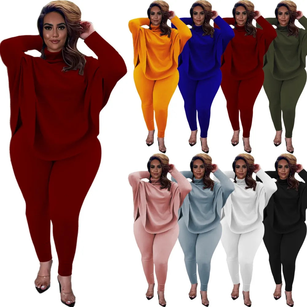 Ribbed Knit Plus Size Solid Batwing Sleeve Split Knit Top + Leggings 2-Piece Set