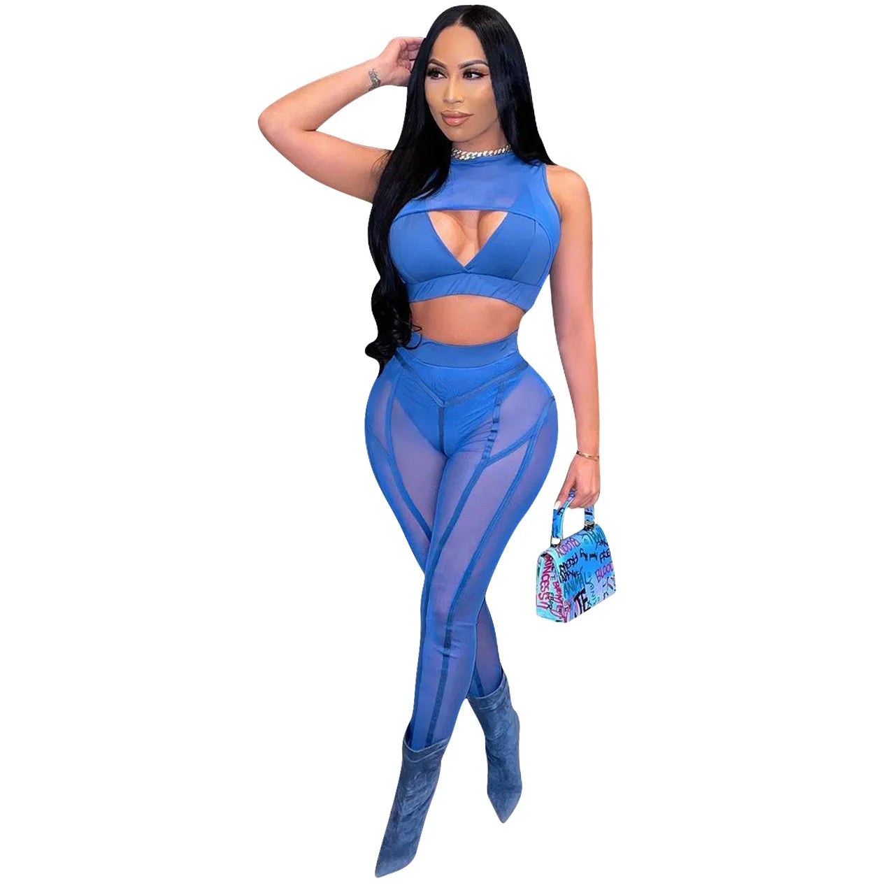 Sheer Mesh Solid Color Hollow-Out Patchwork Women's Sleeveless Crop Top + Transparent Leggings 2-Piece Set