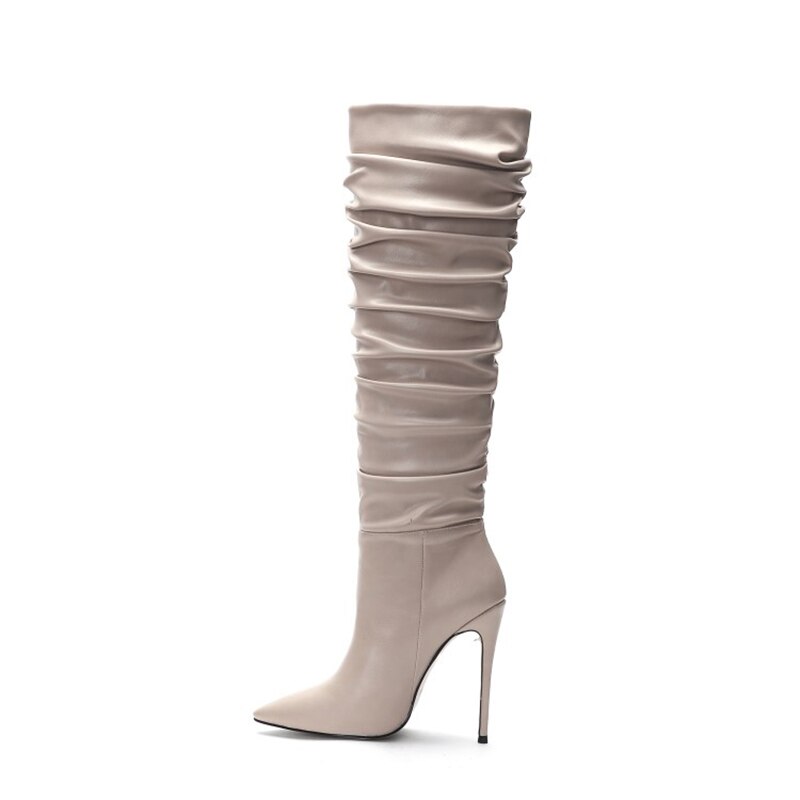 Pointed Slouch Pleated Ladies Knee High Boots