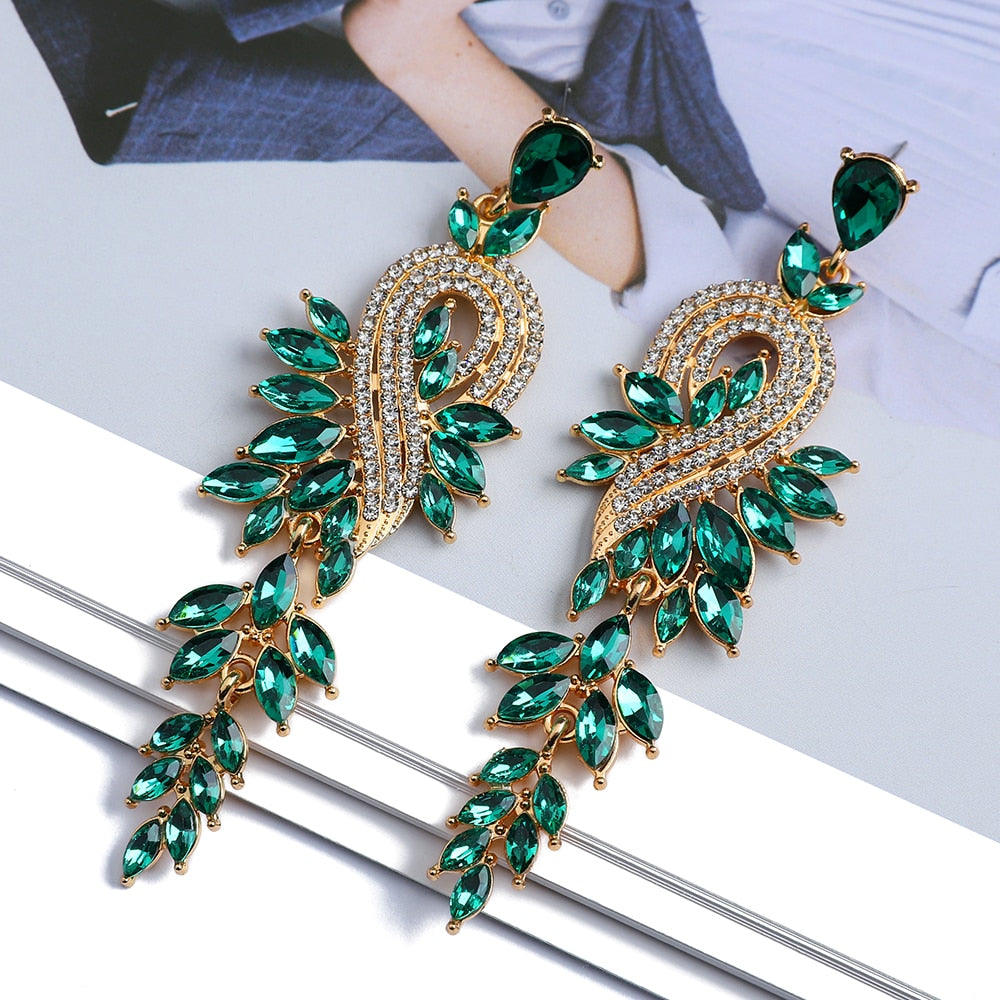 Metal Hollow Chain Leaves Crystal Pendant Earrings