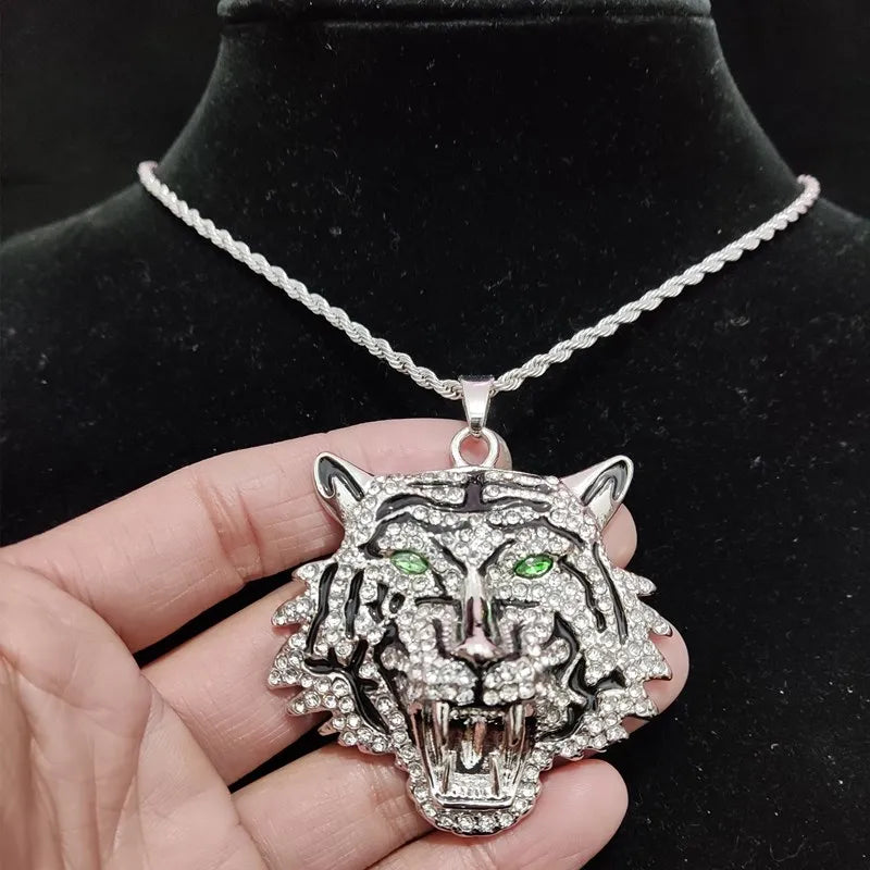3D Tiger Pendant Crystal Cuban Chain Hip-Hop Iced Out Bling Chain Necklace