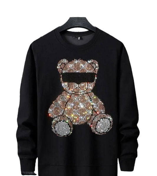 Rhinestone Men's Bilndfold Teddy Bear Hot Drill Anime O-Neck Sweatshirts