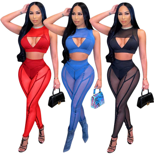 Sheer Mesh Solid Color Hollow-Out Patchwork Women's Sleeveless Crop Top + Transparent Leggings 2-Piece Set
