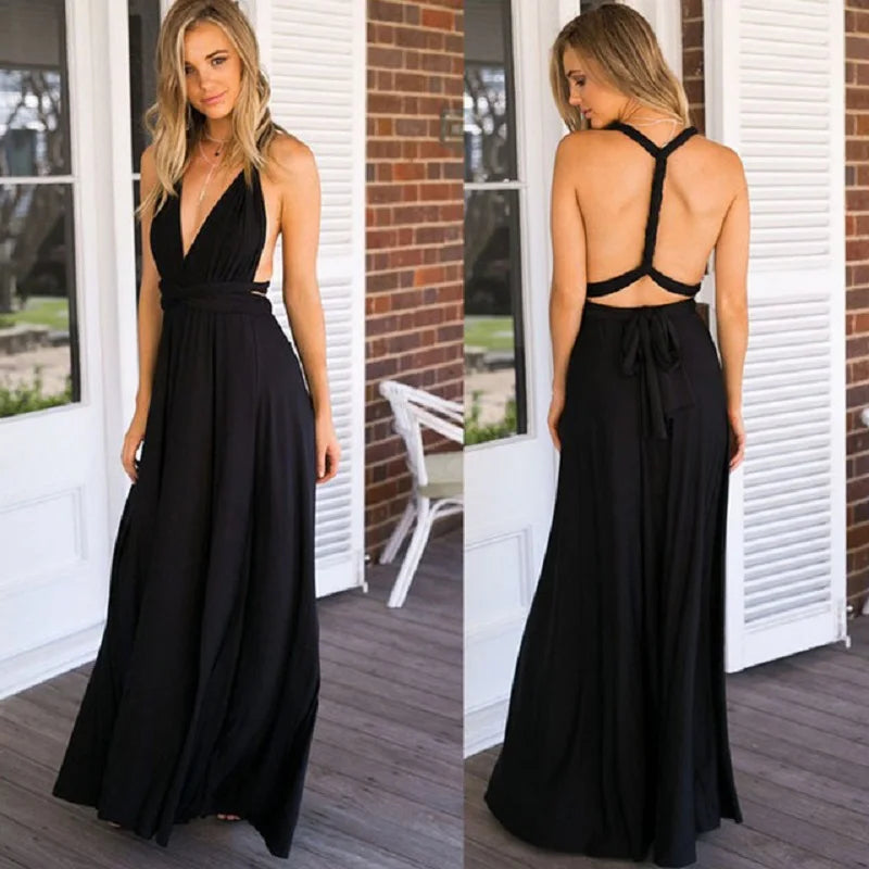 Solid Color Bandage Adjustable Sleeveless V-Neck Criss-Cross Back Bridesmaid/Party Maxi Dress