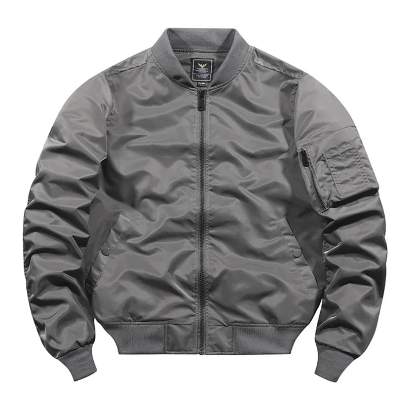 Men's Mandarin Collar Cargo Utility Pocket Zipper Detail Ruched Sleeve Solid Bomber Jacket