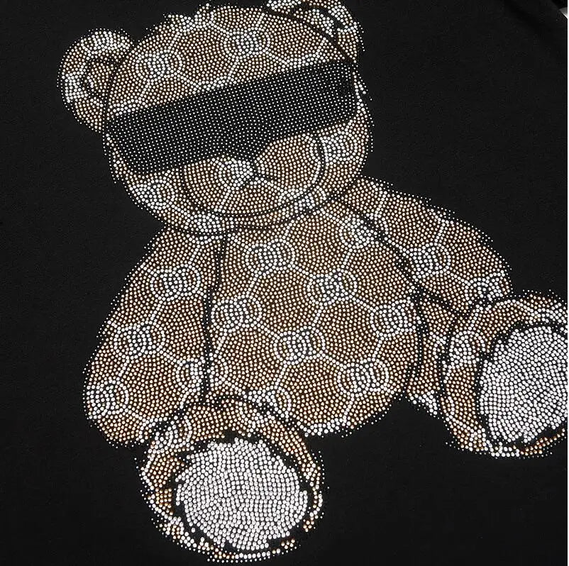 Rhinestone Men's Bilndfold Teddy Bear Hot Drill Anime O-Neck Sweatshirts