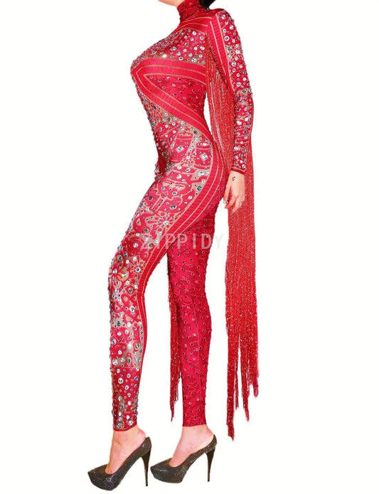 Red Tassel Fringe Rhinestone Performance Jumpsuit