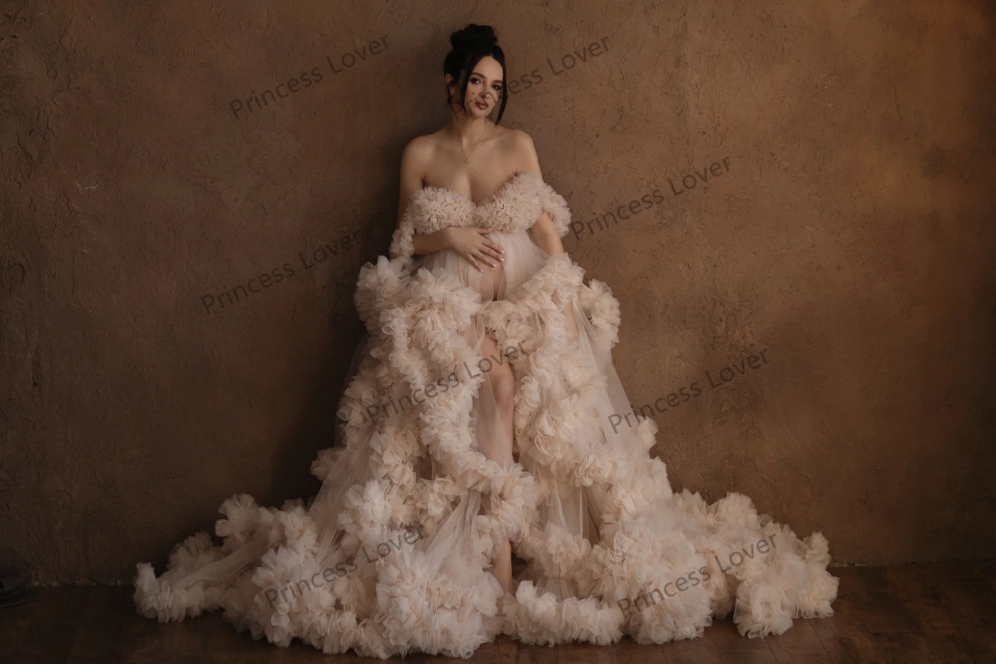 Maternity Tulle Ruffled Wrap Fluffy Baby Shower Gown Dress