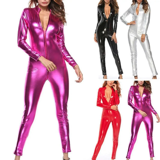 Latex Faux Leather Bodysuit Front Zipper Open Crotch Women's Jumpsuit