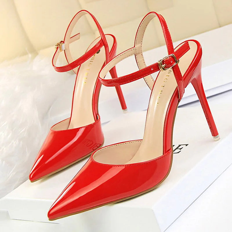 Patent Leather Stiletto Heel Buckle Strap Solid Color Sandal Pumps
