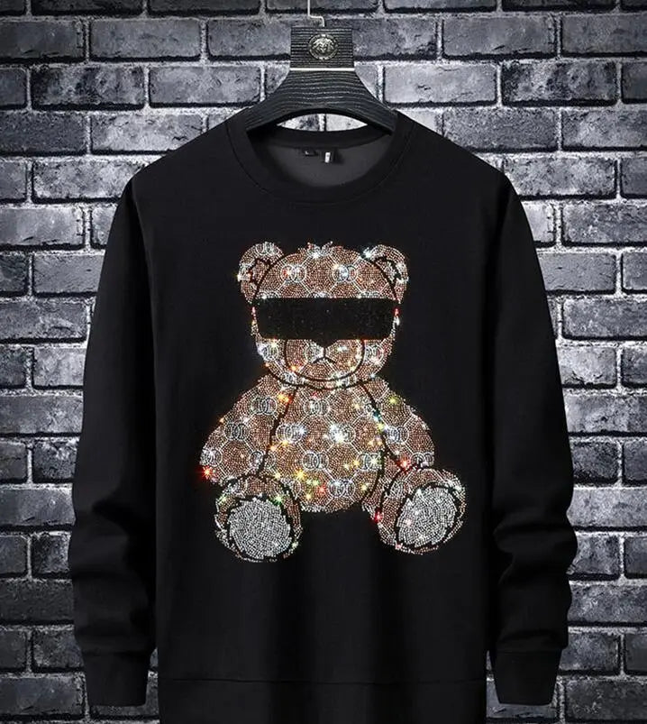 Rhinestone Men's Bilndfold Teddy Bear Hot Drill Anime O-Neck Sweatshirts