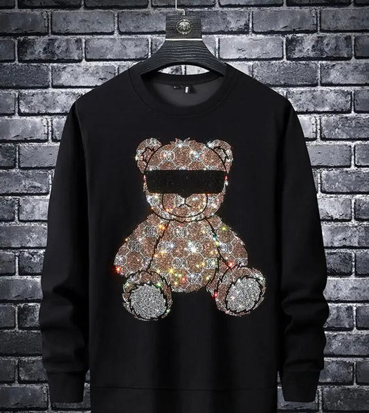 Rhinestone Men's Bilndfold Teddy Bear Hot Drill Anime O-Neck Sweatshirts