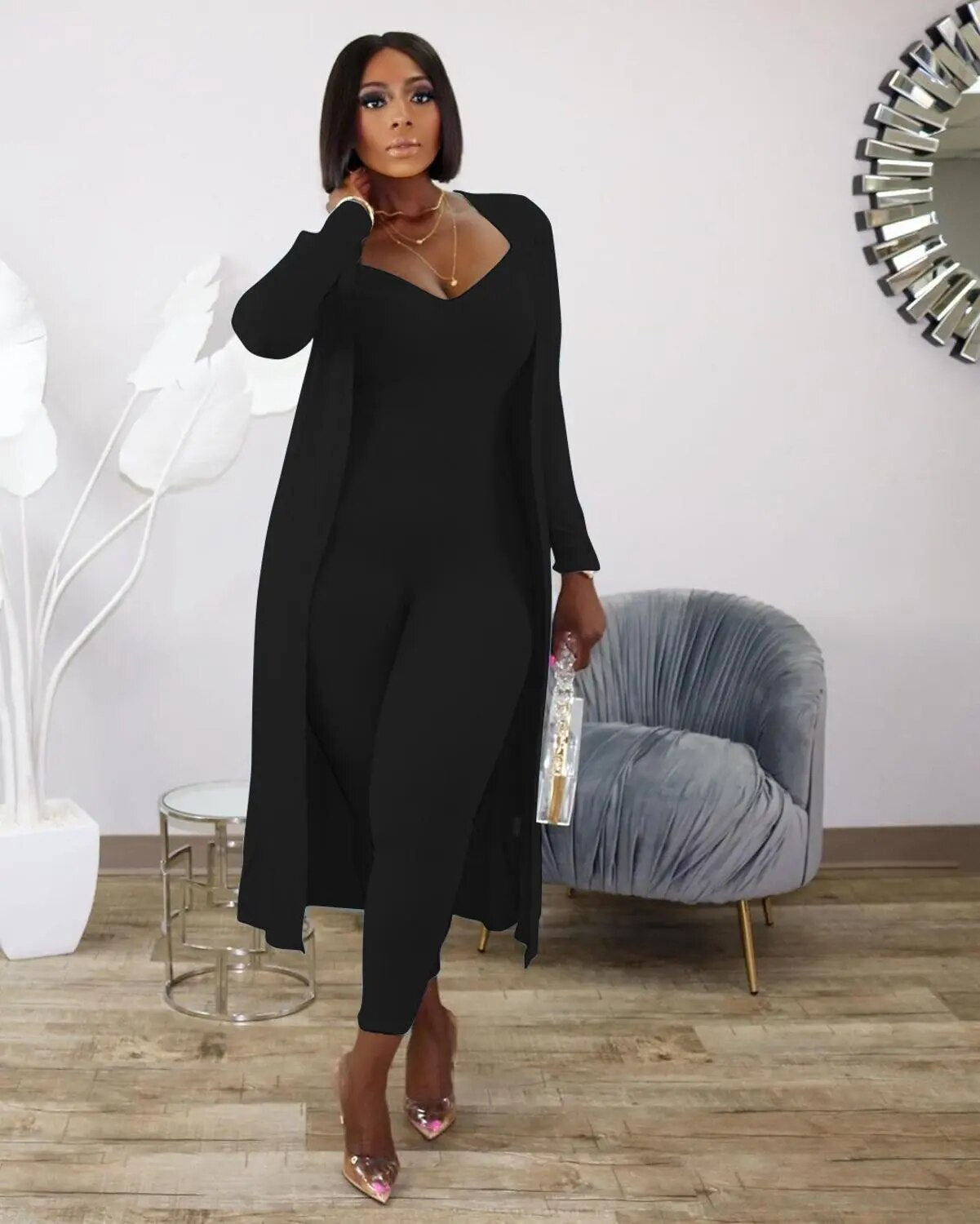 Maxi Long Sleeve Cardigan w/ Matching Jumpsuit 2-Piece Set