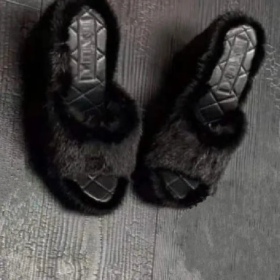 Plush Faux Fur Solid/Cowhide Round Open Toe Wedge Platform Women's Slip-On Sandals