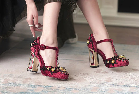 Jacquard Crystal T-Strip Rhinestone Embellished Transparent Square Heel Pumps