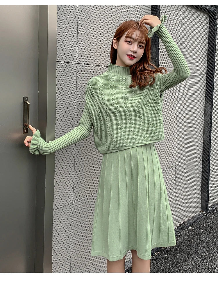 Solid Long Sleeve Pullover Sweater + Knitted Pleated Midi Skirt 2-Piece Set