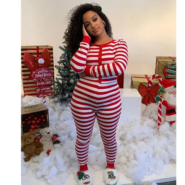 Christmas Striped Women's Long Sleeve Pajama Onesie