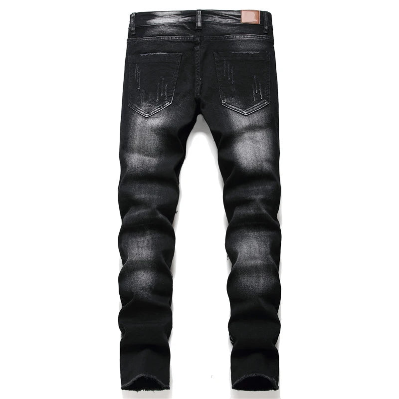 Men's Streetwear Skull Black Denim Biker Designer Ripped Skinny Jeans