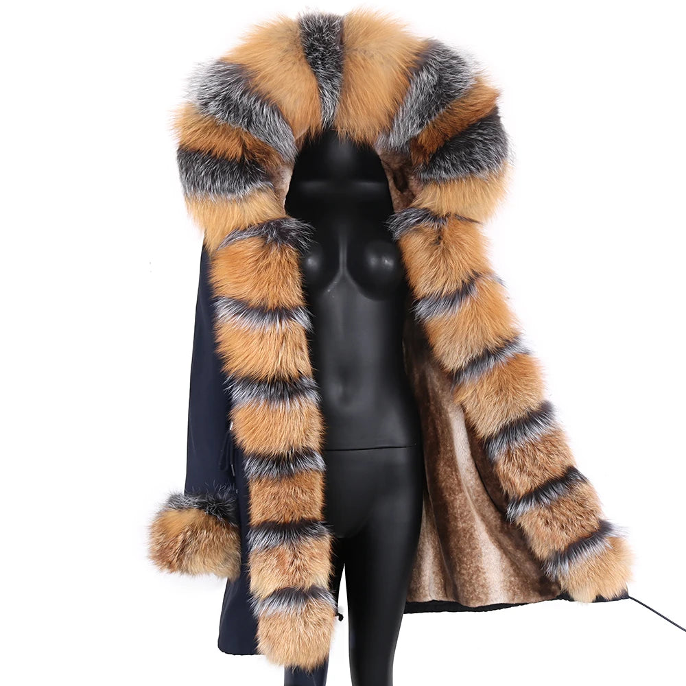 Colorblock Real Fur Oversized Collar Hip-Hop Design Women's Hooded Full Pelt Trenchcoat